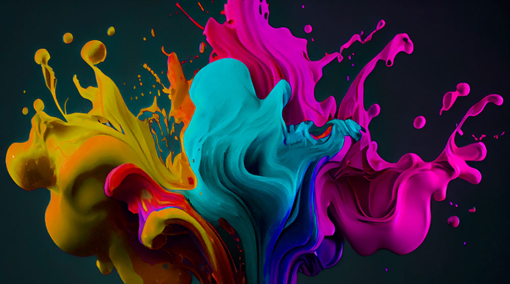 Abstract explosion of fluid paint in yellow, turquoise, and fuchsia colors with dynamic textures on a dark background