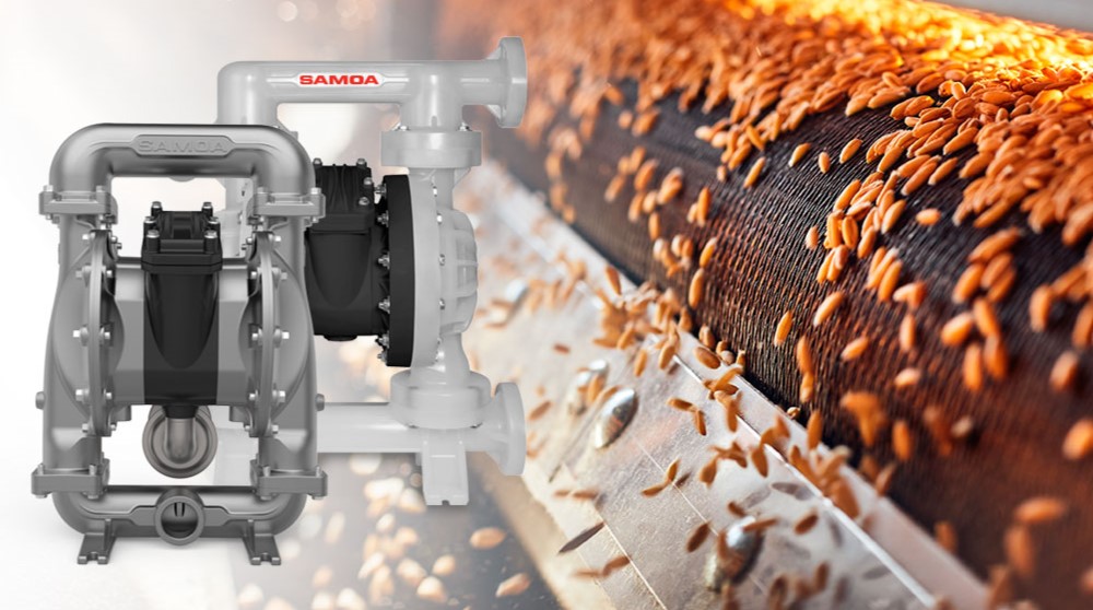 Samoa double diaphragm pumps for food processing installed in grain and seed transport and processing lines
