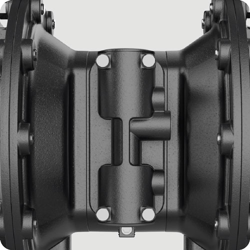 Detalle del innovador sistema de distribución del aire de la bomba neumática de doble diafragma SAMOA UP15