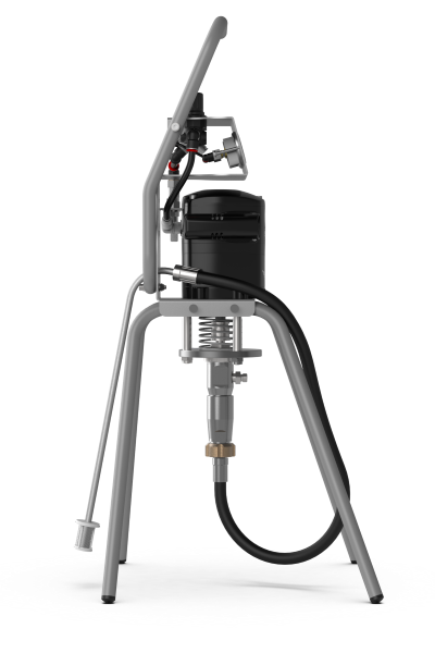 Rear view of Fine-Jet air-controlled airless spray system showing hose and structure