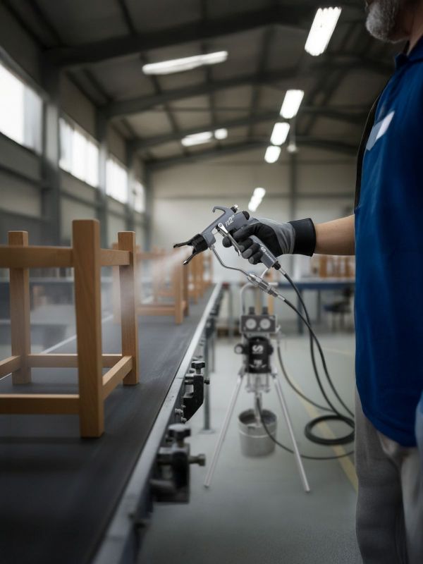 Airless spray application of varnish on wooden furniture for high-quality finish