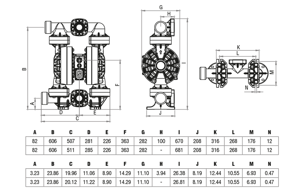 Plano de dimensiones de la bomba neumática de doble diafragma SAMOA UP15 no metálica
