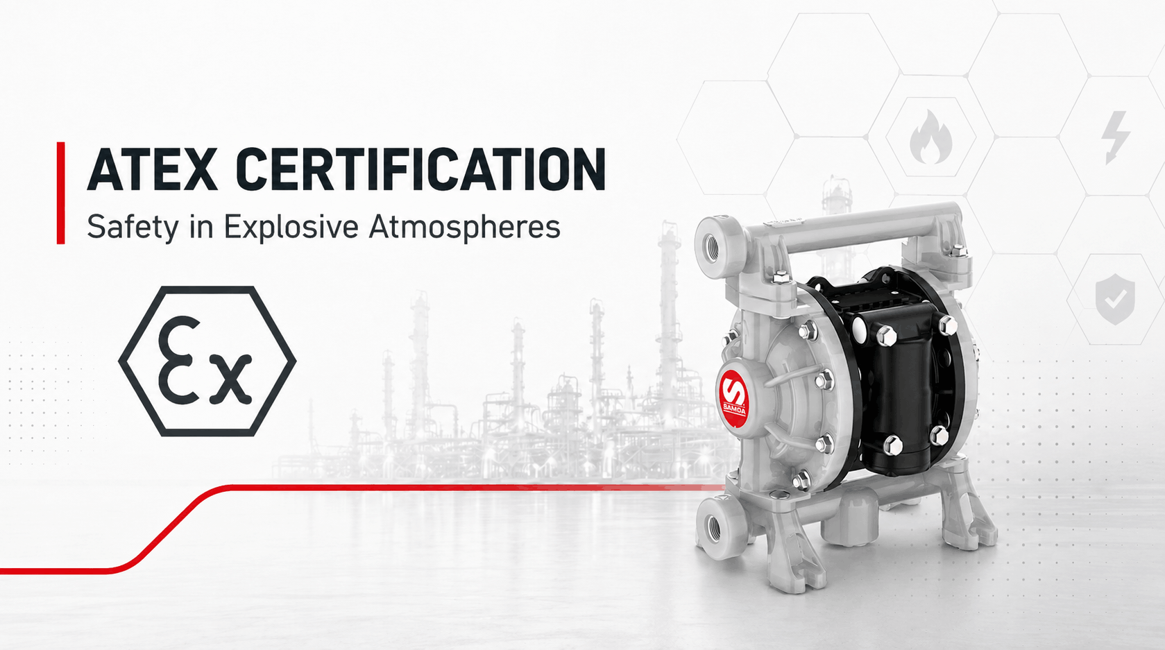ATEX certified pneumatic pump installed in an explosive atmosphere industrial facility