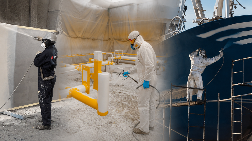 Aplicación de pintura airless con pulverizador de alta presión en estructura metálica industrial