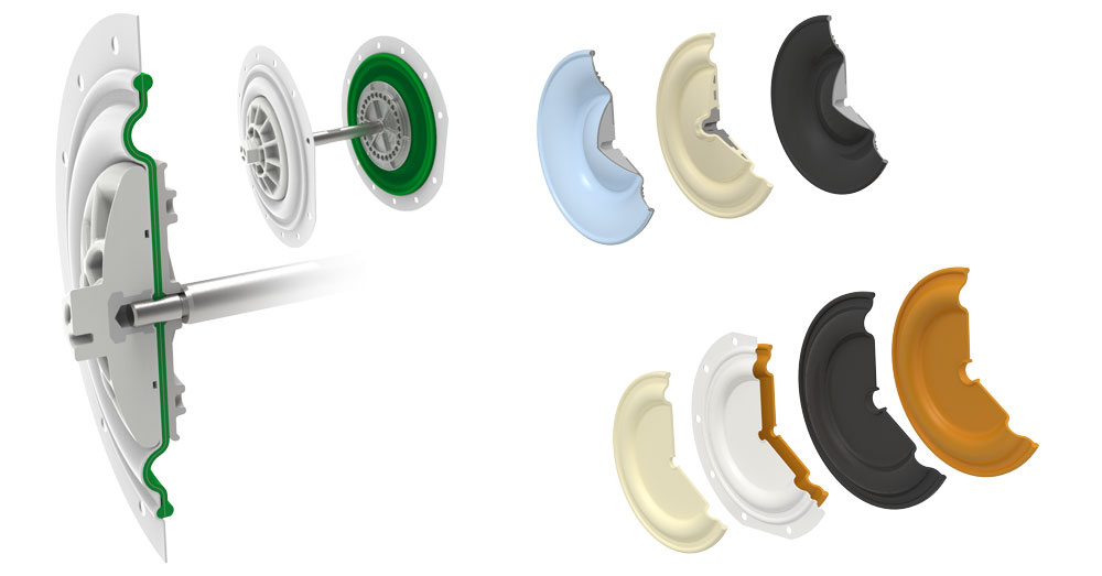 Parts breakdown of a double diaphragm pump with hydraulically connected membranes and internal components.