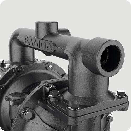 Close-up of the bolted multi-port construction on the SAMOA UP15 air-operated diaphragm pump
