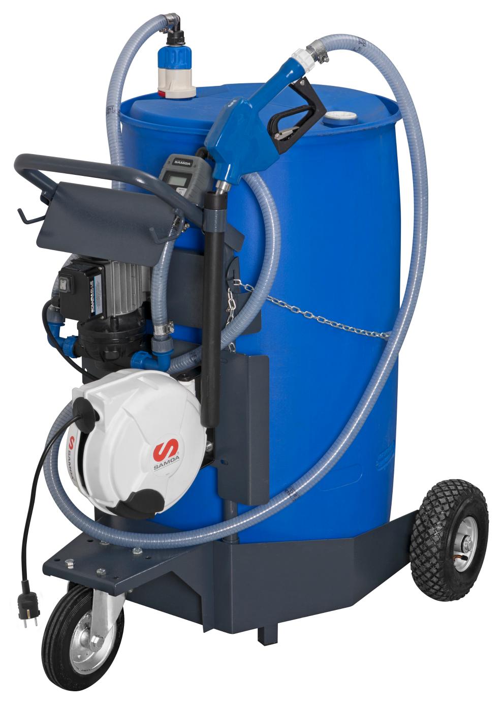230 V SOLURA SERIES MOBILE ELECTRIC PUMP PACKAGE FOR ADBLUE/DEF WITH AUTOMATIC NOZZLE, METER AND CABLE REEL, 205 L DRUMS, 30 L/MIN