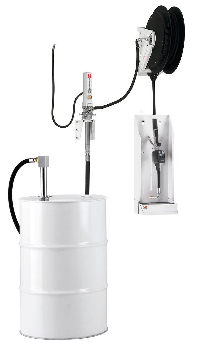 PUMPMASTER 2 - 3:1 RATIO OIL PNEUMATIC PUMP, 205 L DRUM, WALL MOUNTED STATIONARY PACKAGE WITH RM-12S REEL
