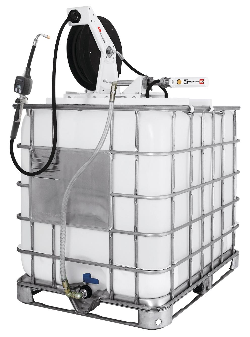 PUMPMASTER 2 - 3:1 RATIO OIL PNEUMATIC PUMP, 1.000 L IBC, TOP MOUNTED STATIONARY PACKAGE WITH RM-12S REEL