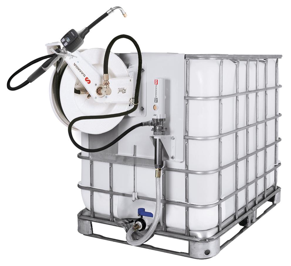 PUMPMASTER 2 - 3:1 RATIO OIL PNEUMATIC PUMP, 1.000 L IBC, SIDE MOUNTED STATIONARY PACKAGE WITH RM-12 REEL