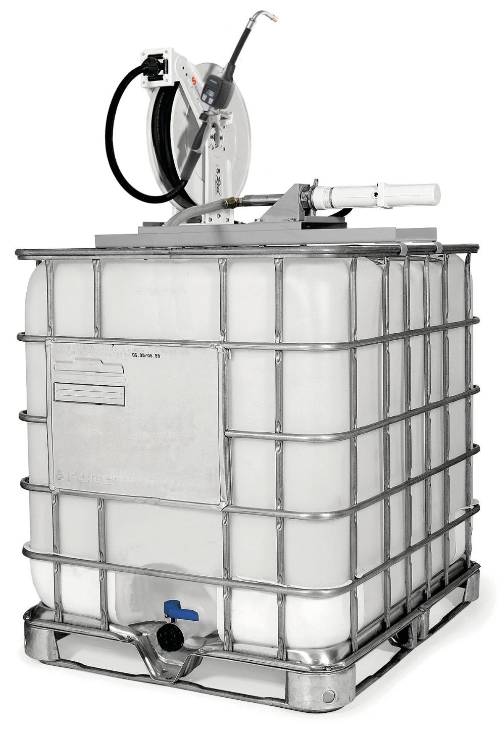 PUMPMASTER 2 - 3:1 RATIO OIL PNEUMATIC PUMP, 1.000 L IBC, TOP MOUNTED STATIONARY PACKAGE WITH RM-12 REEL