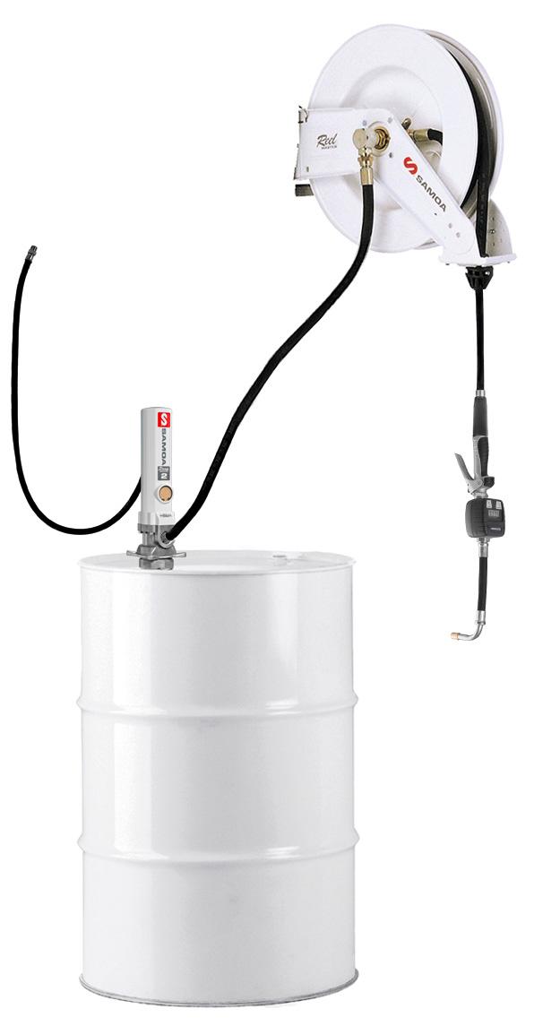 PUMPMASTER 2 - 3:1 RATIO OIL PNEUMATIC PUMP, 205 L DRUM, MOUNTED STATIONARY PACKAGE WITH RM-12 REEL