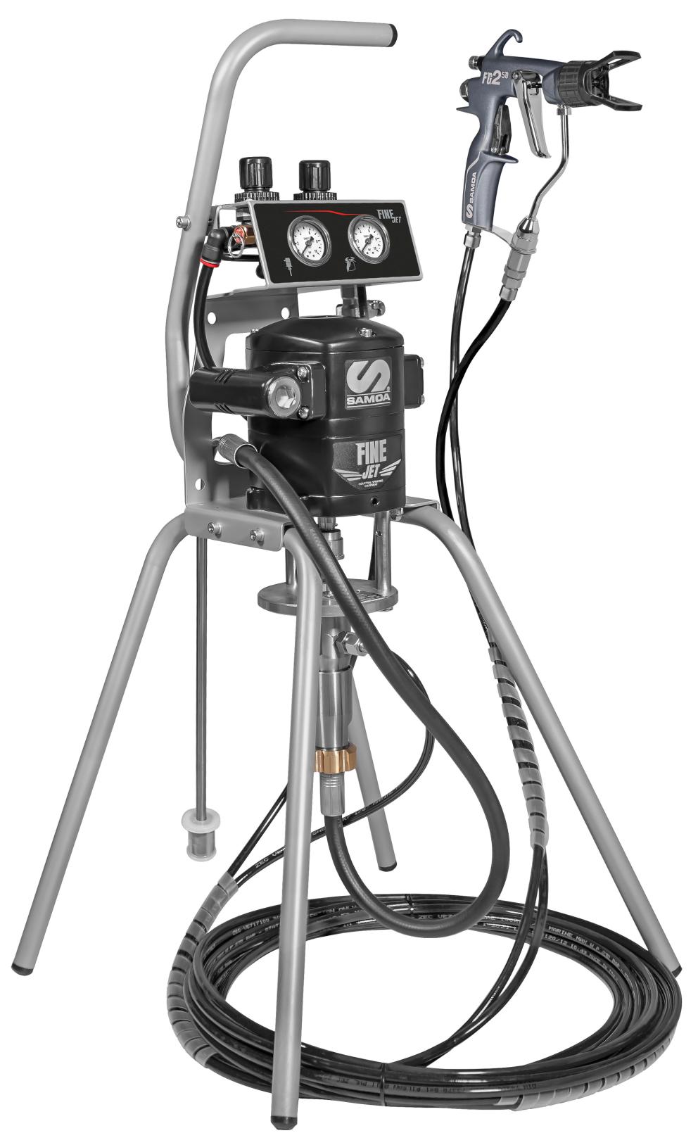 FINE-JET 30:1 AIR-CONTROLLED AIRLESS  Four-leg stand + SUCTION HOSE +
Gravity tank + ACCESSORIES (HOSE: Ø 1/8” 7,5m + 6X8mm 7,5m GUN: L400
TIP:411, 409)