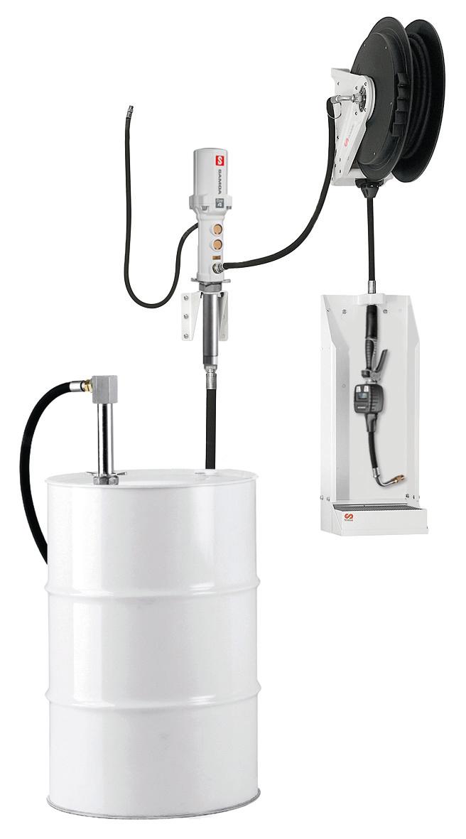 PUMPMASTER 4 - 5:1 RATIO OIL PNEUMATIC PUMP WITH METERED GUN AND HOSE
REEL, 205 L DRUMS AND 1.000 L IBC, STATIONARY PACKAGE
