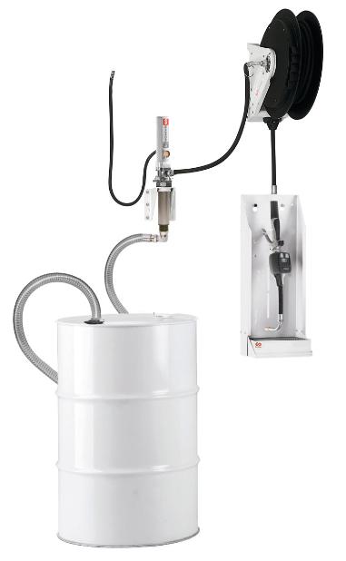 PUMPMASTER 2 - 1:1 RATIO COOLANT PNEUMATIC PUMP WITH METERED GUN AND
HOSE REEL, 205 L DRUM, WALL MOUNTED TRANSFER STATIONARY PACKAGE