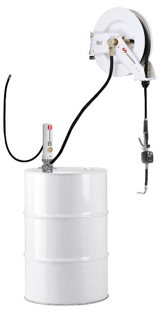PUMPMASTER 2 - 3:1 RATIO OIL PNEUMATIC PUMP, 205 L DRUM, MOUNTED STATIONARY PACKAGE WITH RM-12 REEL