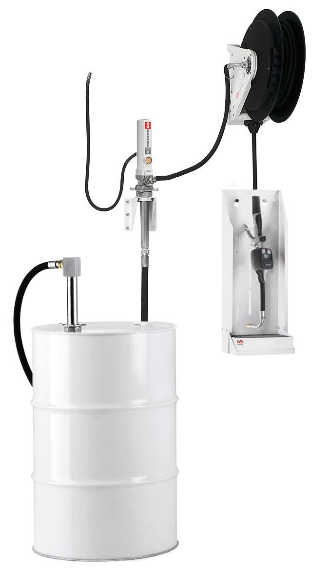 PUMPMASTER 2 - 3:1 RATIO OIL PNEUMATIC PUMP, 205 L DRUM, WALL MOUNTED
STATIONARY PACKAGE WITH RM-12S REEL
