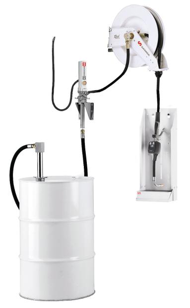 PUMPMASTER 2 - 3:1 RATIO OIL PNEUMATIC PUMP, 205 L DRUM, WALL MOUNTED STATIONARY PACKAGE WITH RM-12 REEL