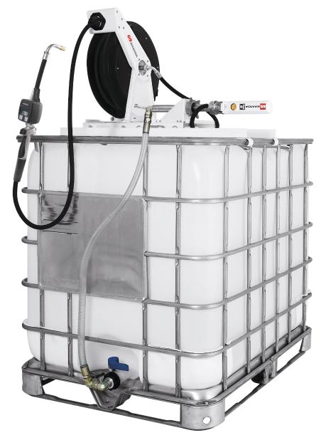 PUMPMASTER 2 - 3:1 RATIO OIL PNEUMATIC PUMP, 1.000 L IBC, TOP MOUNTED
STATIONARY PACKAGE WITH RM-12S REEL