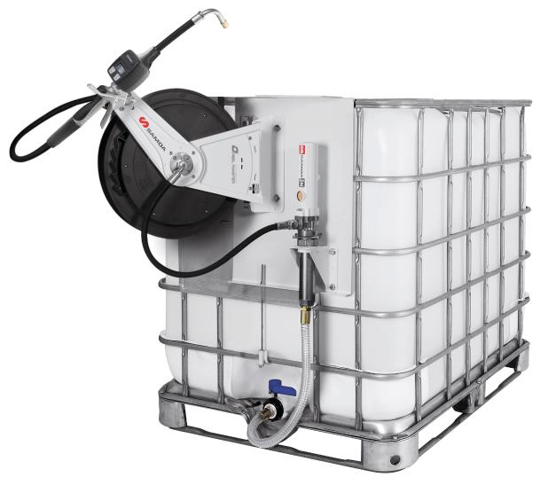 PUMPMASTER 2 - 3:1 RATIO OIL PNEUMATIC PUMP, 1.000 L IBC, SIDE MOUNTED
STATIONARY PACKAGE WITH RM-12S REEL